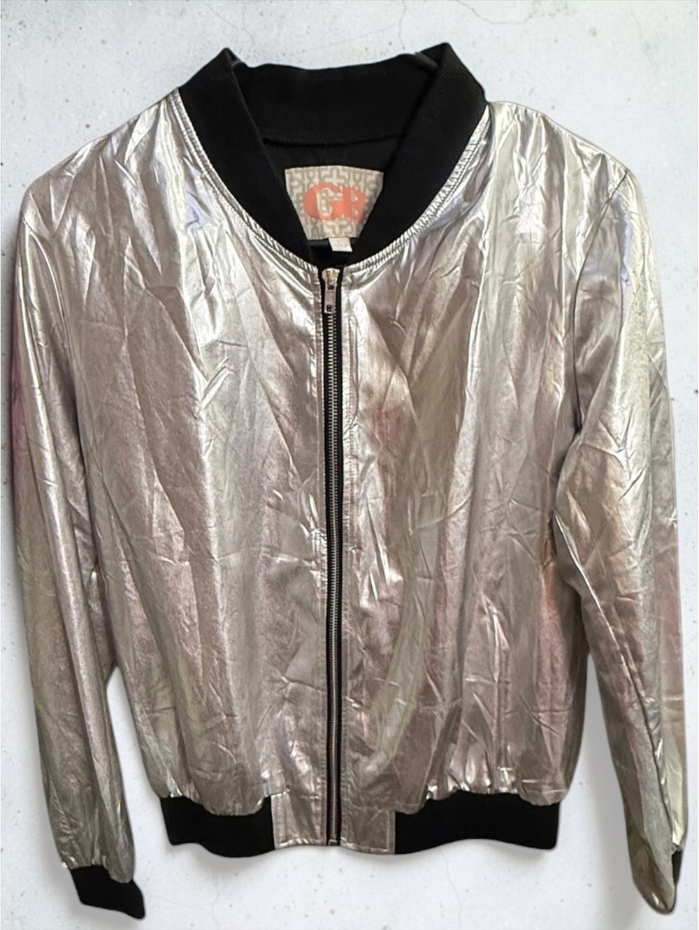 Gianni Bini Silver Zipper Disco Jacket Large Metallic Y2K Bomber Futuristic